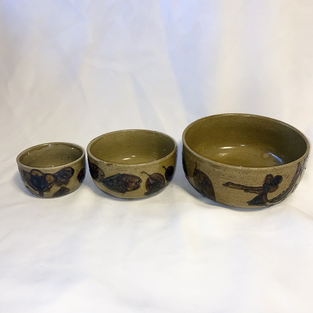 Otagiri Stoneware Pottery Nesting 3 Bowl Set Birds/ Flowers Japan Vintage OMC